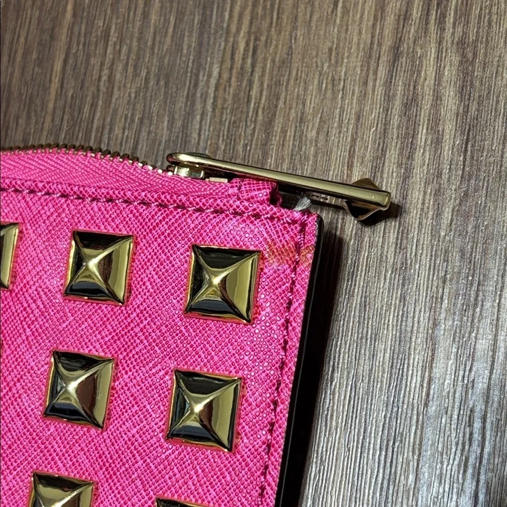 Michael Kors Fuchsia Studded Wristlet Clutch Gold Studs Pink Leather